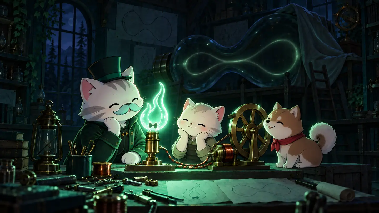 Signal's illustrated workshop, with glowing spirits and bronze machinery